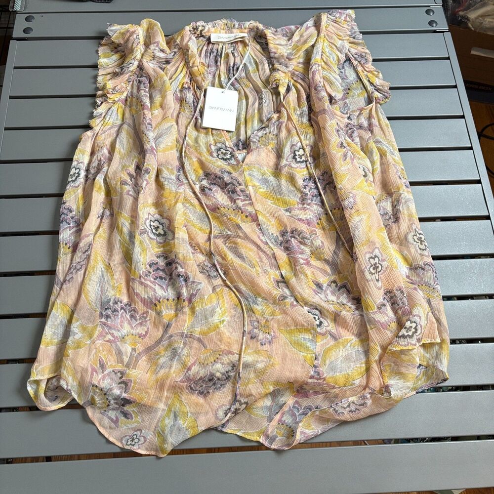 Zimmermann Illustration Blouse Top Womens 3 Multicolor Floral Frilled Cap Sleeve - Picture 3 of 11